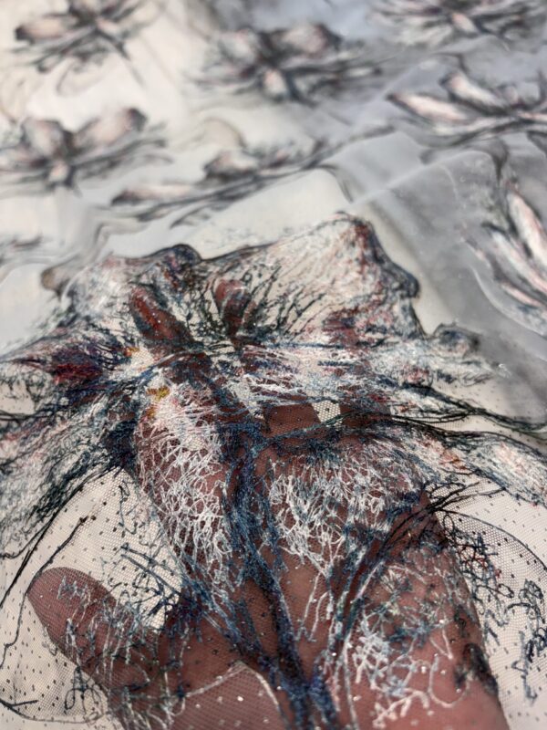 All over Floral thread Patch work on Net Fabric