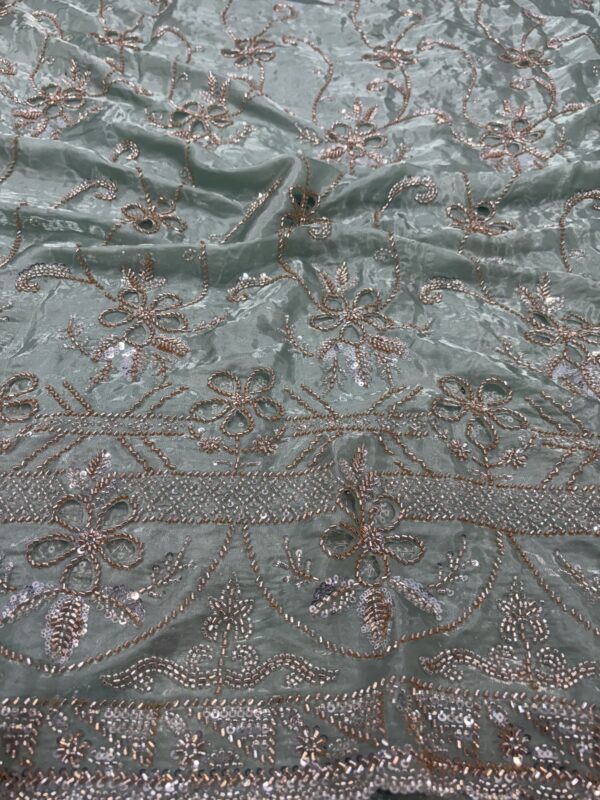 Laser cutting flower work with sequins, cutdana and Daman on Glass Tissue Fabric